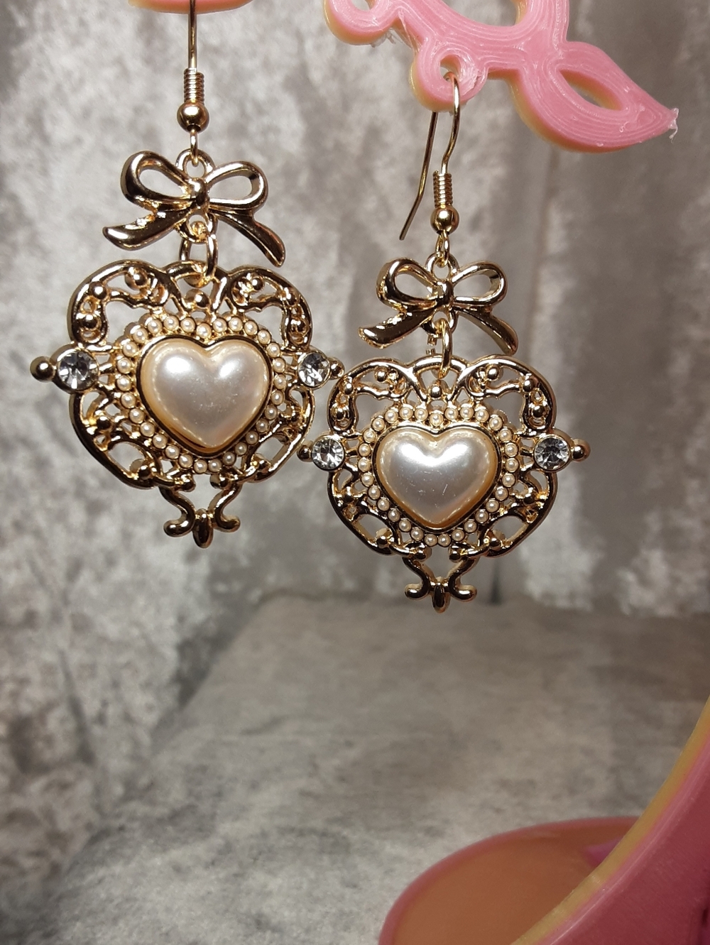 Handmade Gold Tone Heart Pearl Drop Earrings with Bow And Crystal Accent